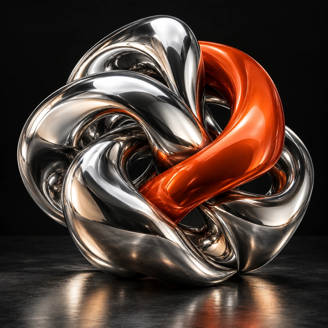 Intertwined chrome and orange sculpture